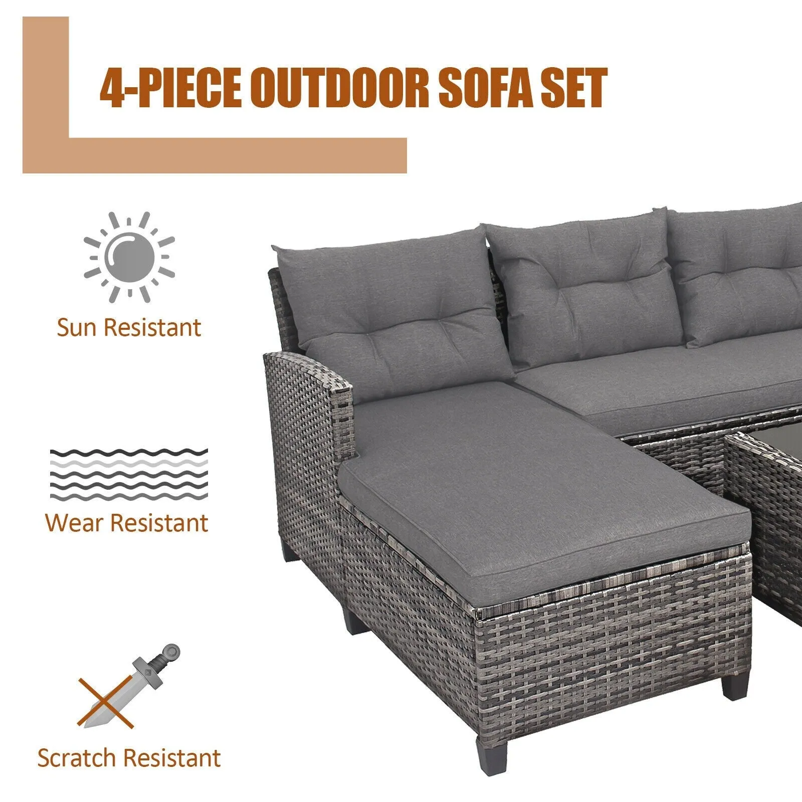 4Pc Patio Rattan Furniture Set - Grey