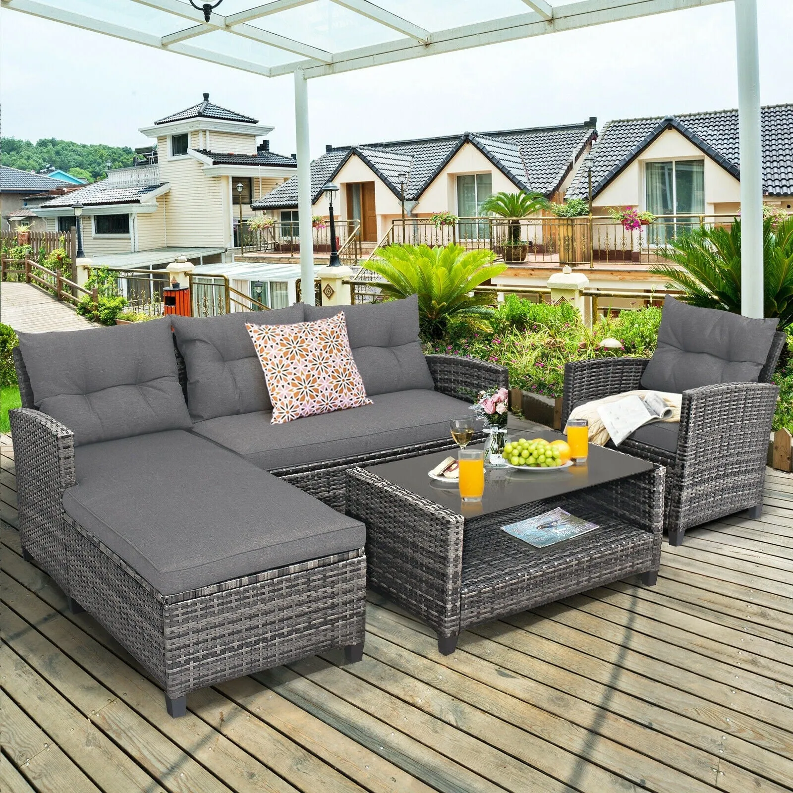 4Pc Patio Rattan Furniture Set - Grey