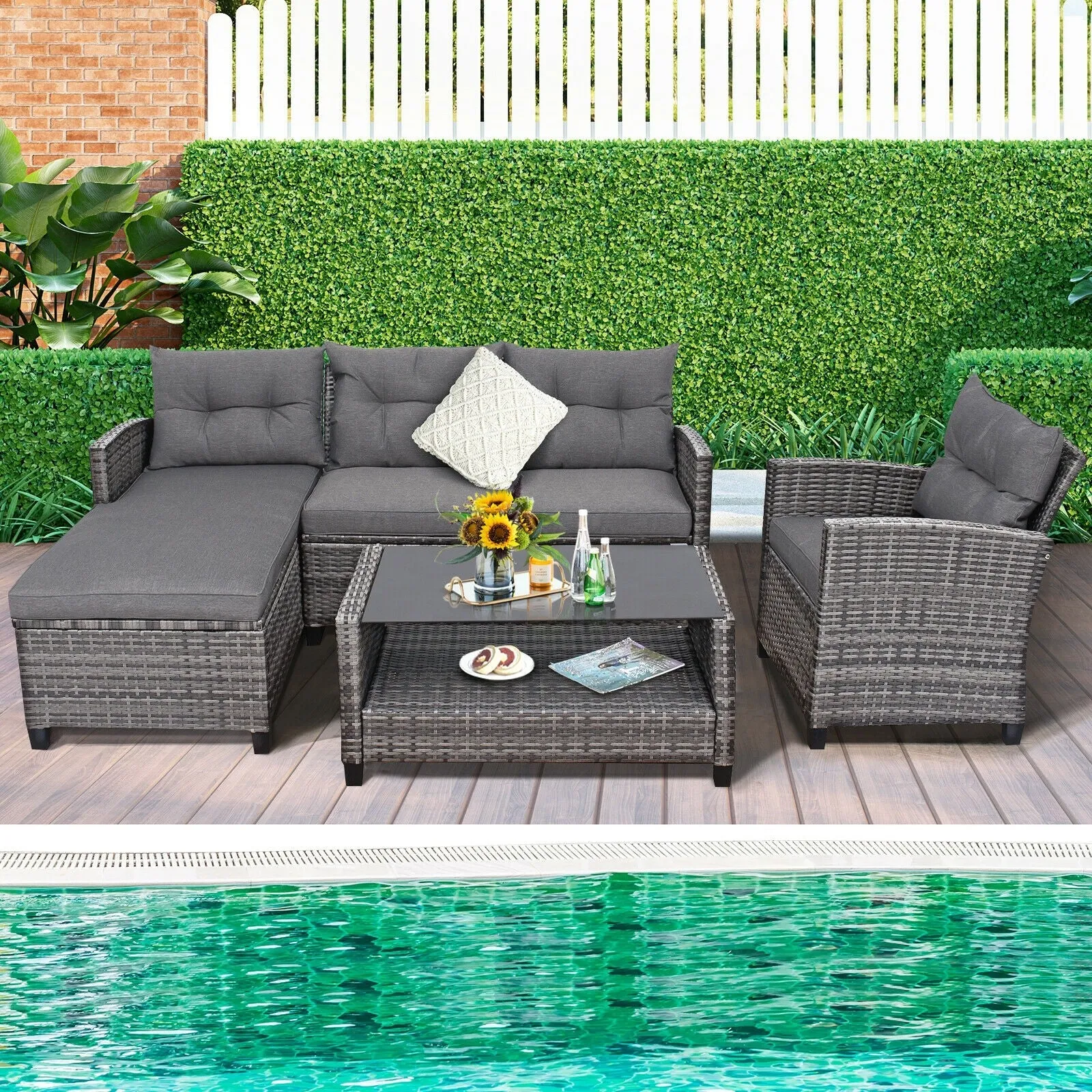 4Pc Patio Rattan Furniture Set - Grey