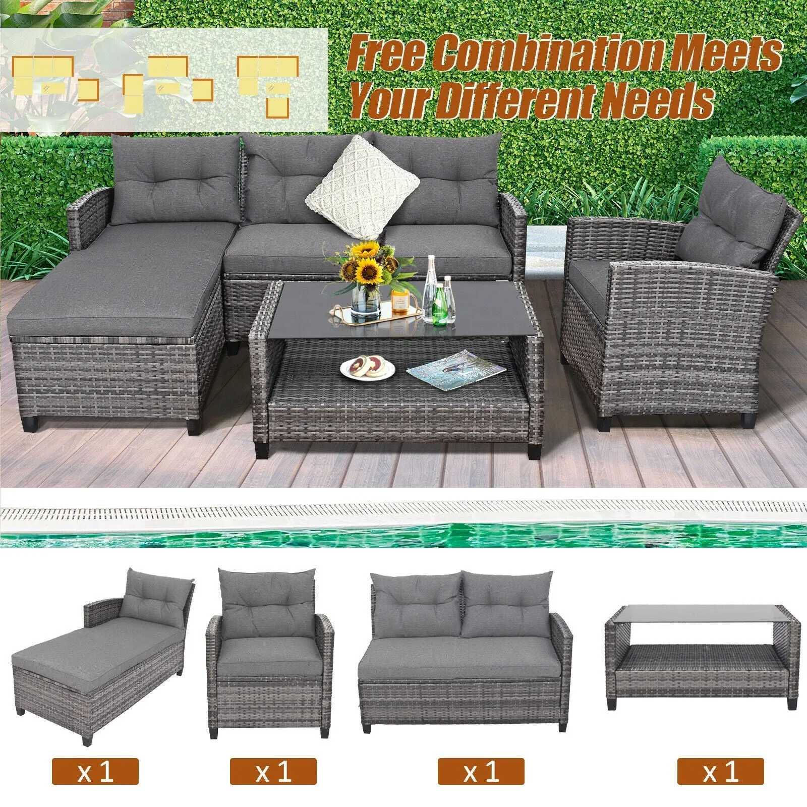 4Pc Patio Rattan Furniture Set - Grey