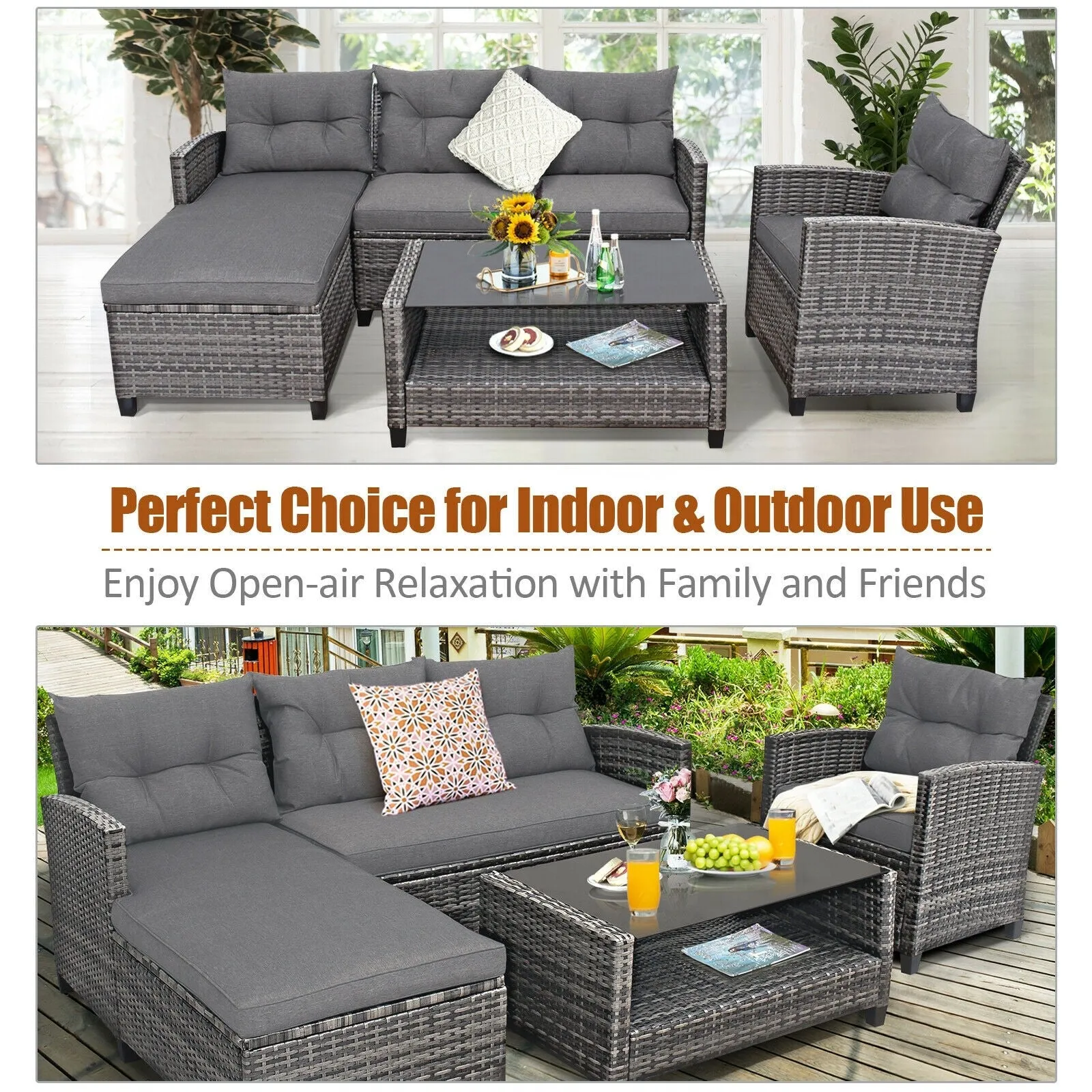 4Pc Patio Rattan Furniture Set - Grey