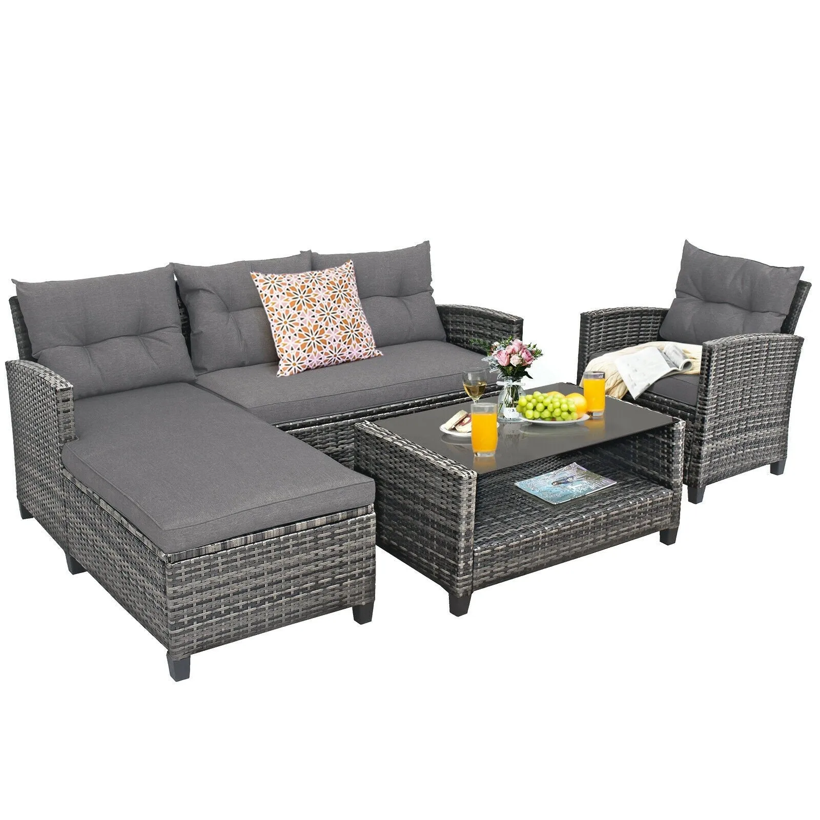 4Pc Patio Rattan Furniture Set - Grey