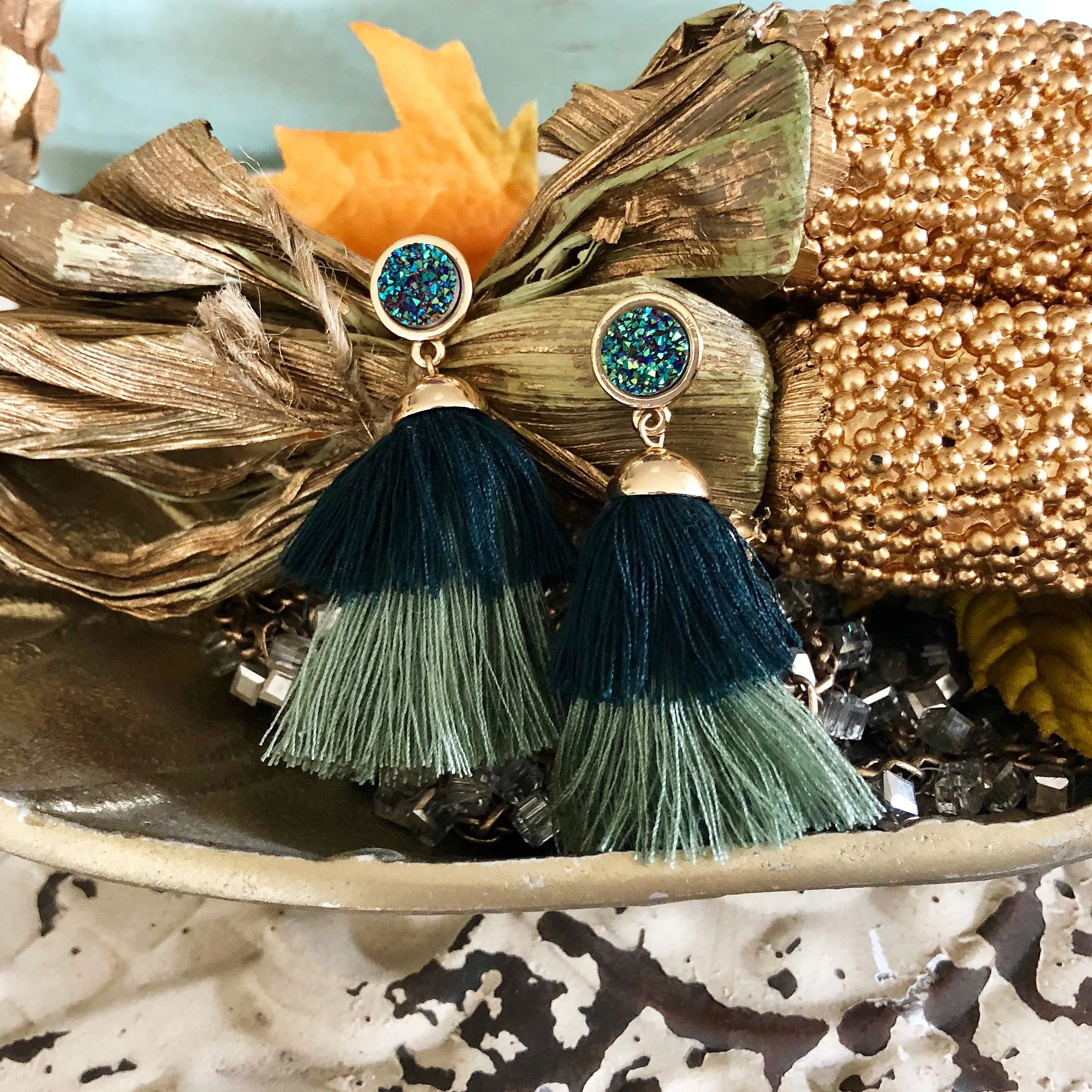 Aida Green Druzy Tassel Earrings