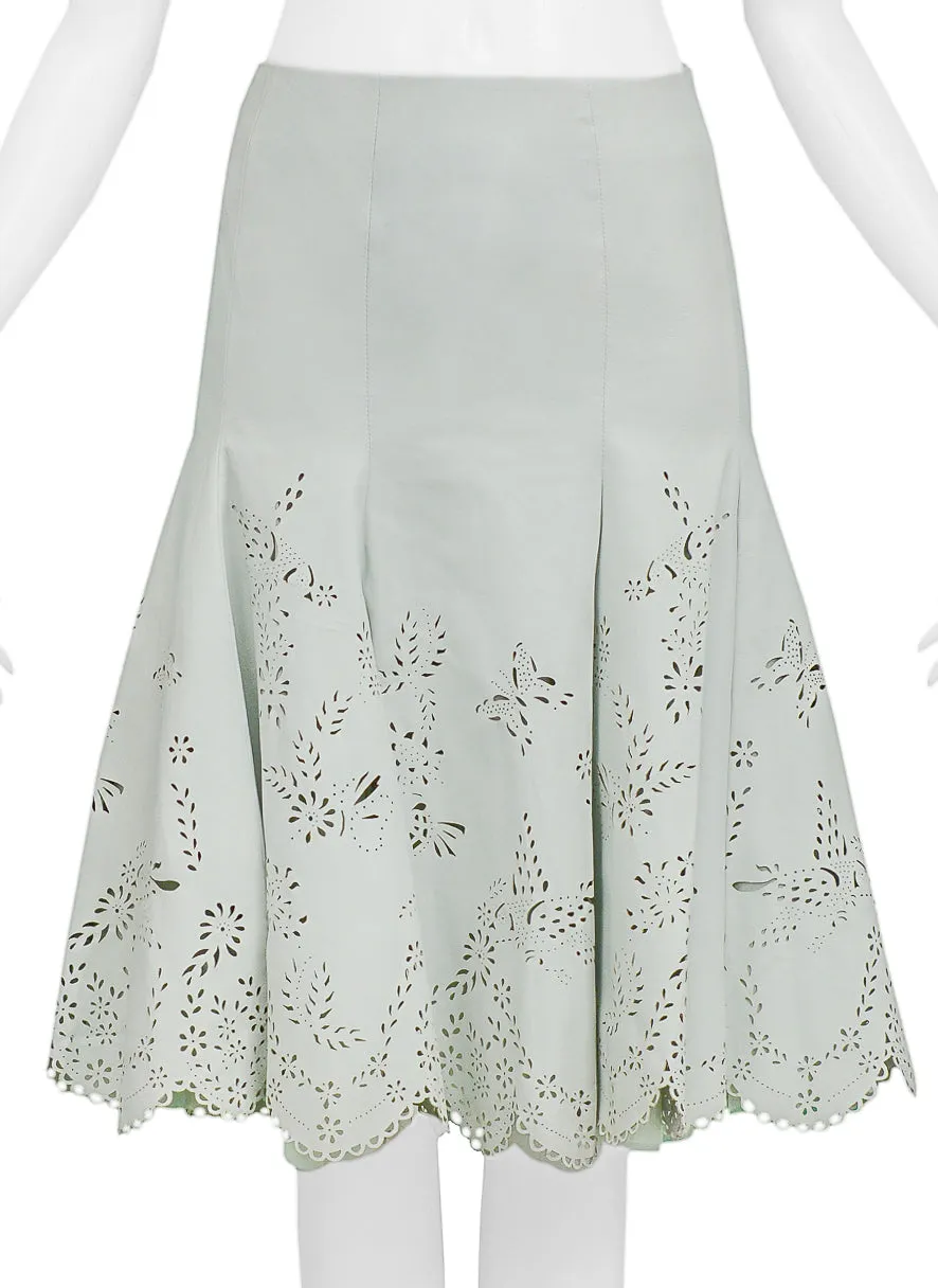 ALEXANDER MCQUEEN LASER CUT MINT LEATHER SKIRT 2005