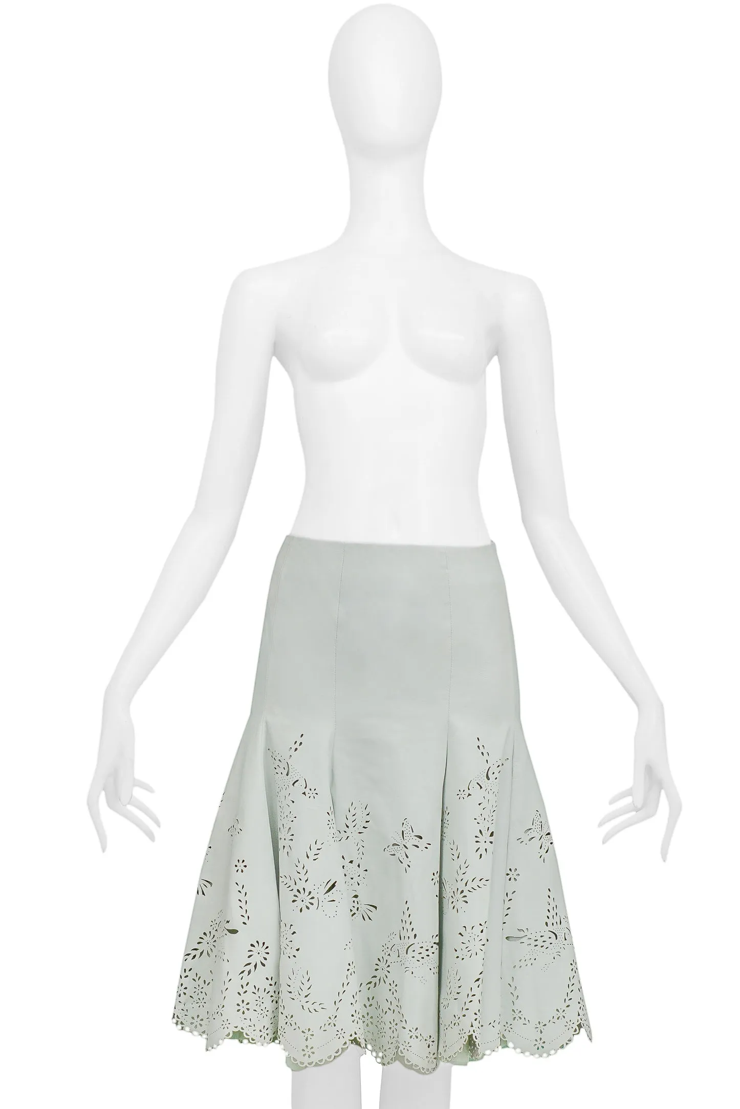 ALEXANDER MCQUEEN LASER CUT MINT LEATHER SKIRT 2005