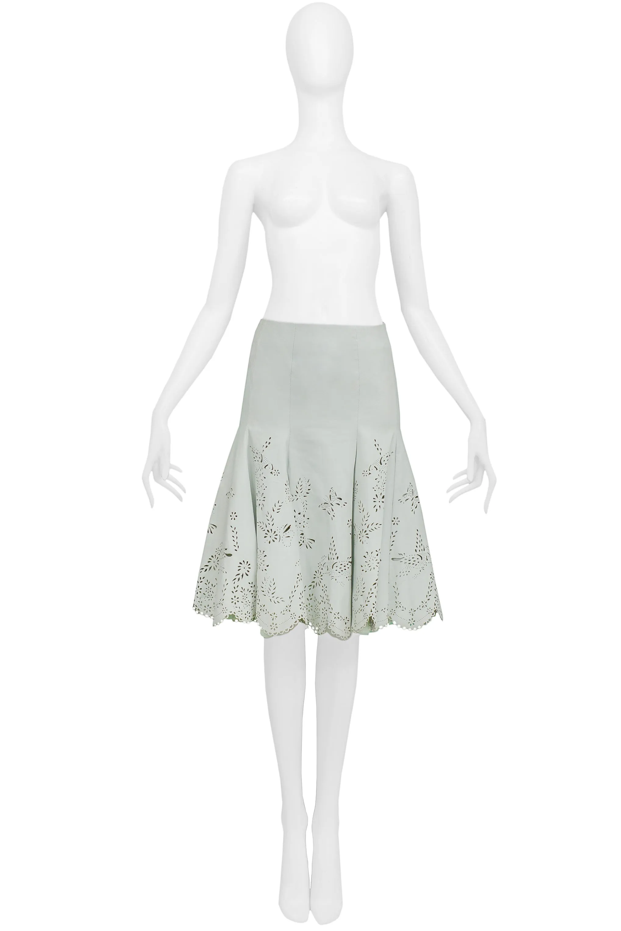 ALEXANDER MCQUEEN LASER CUT MINT LEATHER SKIRT 2005