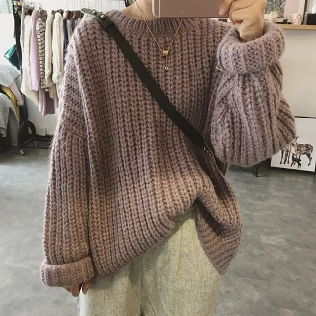 Autumn Winter Knitted Sweater Pull Femme Oversize Loose Long Sleeve Solid Color Long Warm Sweater Jumper For Women