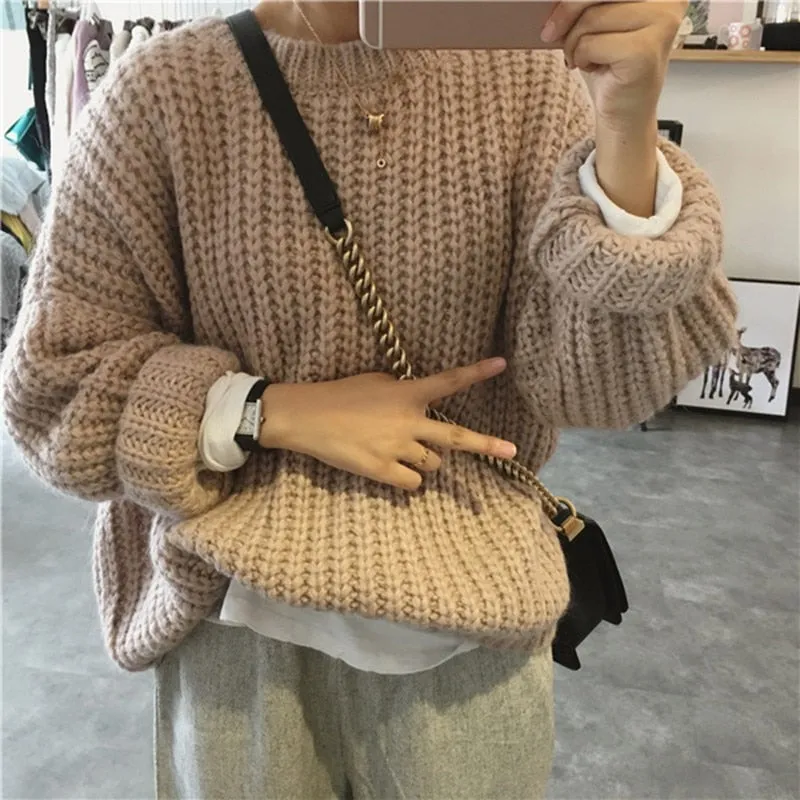 Autumn Winter Knitted Sweater Pull Femme Oversize Loose Long Sleeve Solid Color Long Warm Sweater Jumper For Women