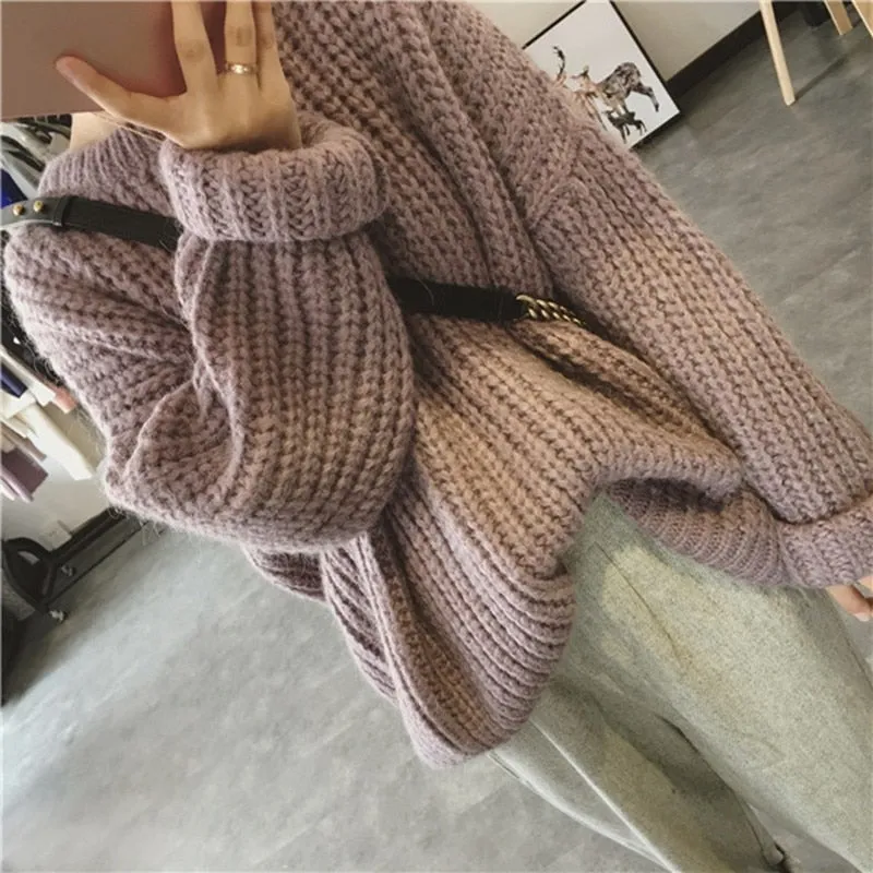 Autumn Winter Knitted Sweater Pull Femme Oversize Loose Long Sleeve Solid Color Long Warm Sweater Jumper For Women