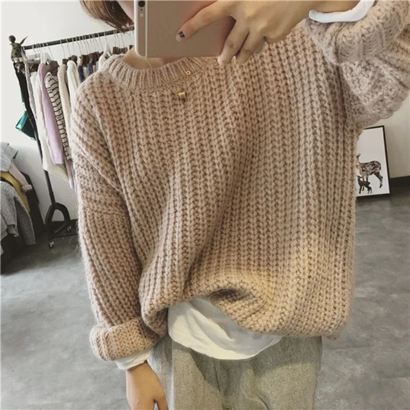 Autumn Winter Knitted Sweater Pull Femme Oversize Loose Long Sleeve Solid Color Long Warm Sweater Jumper For Women