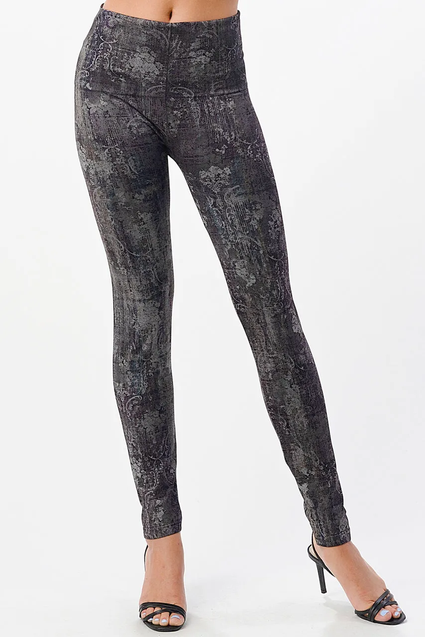 B4292CN High Waist Leggings with Rothchild Damask Print