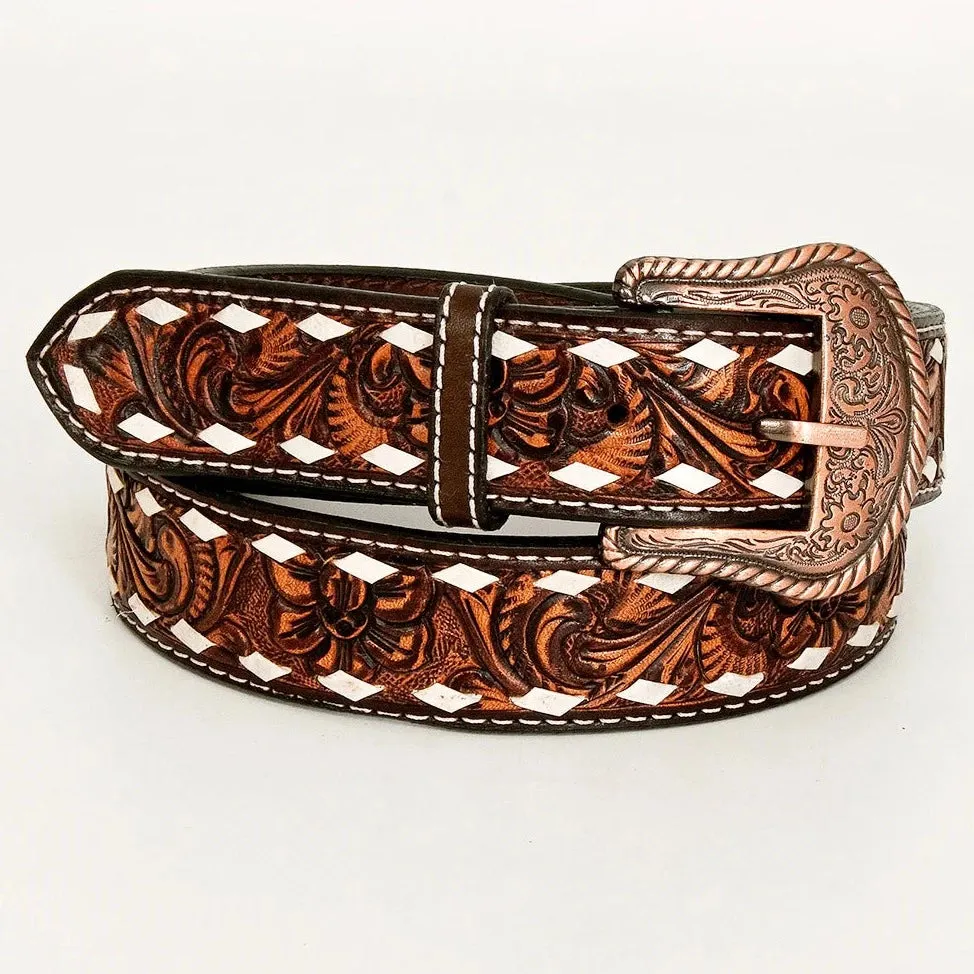 Bar H Equine Floral Tooled Buck Stitch Leather Belt