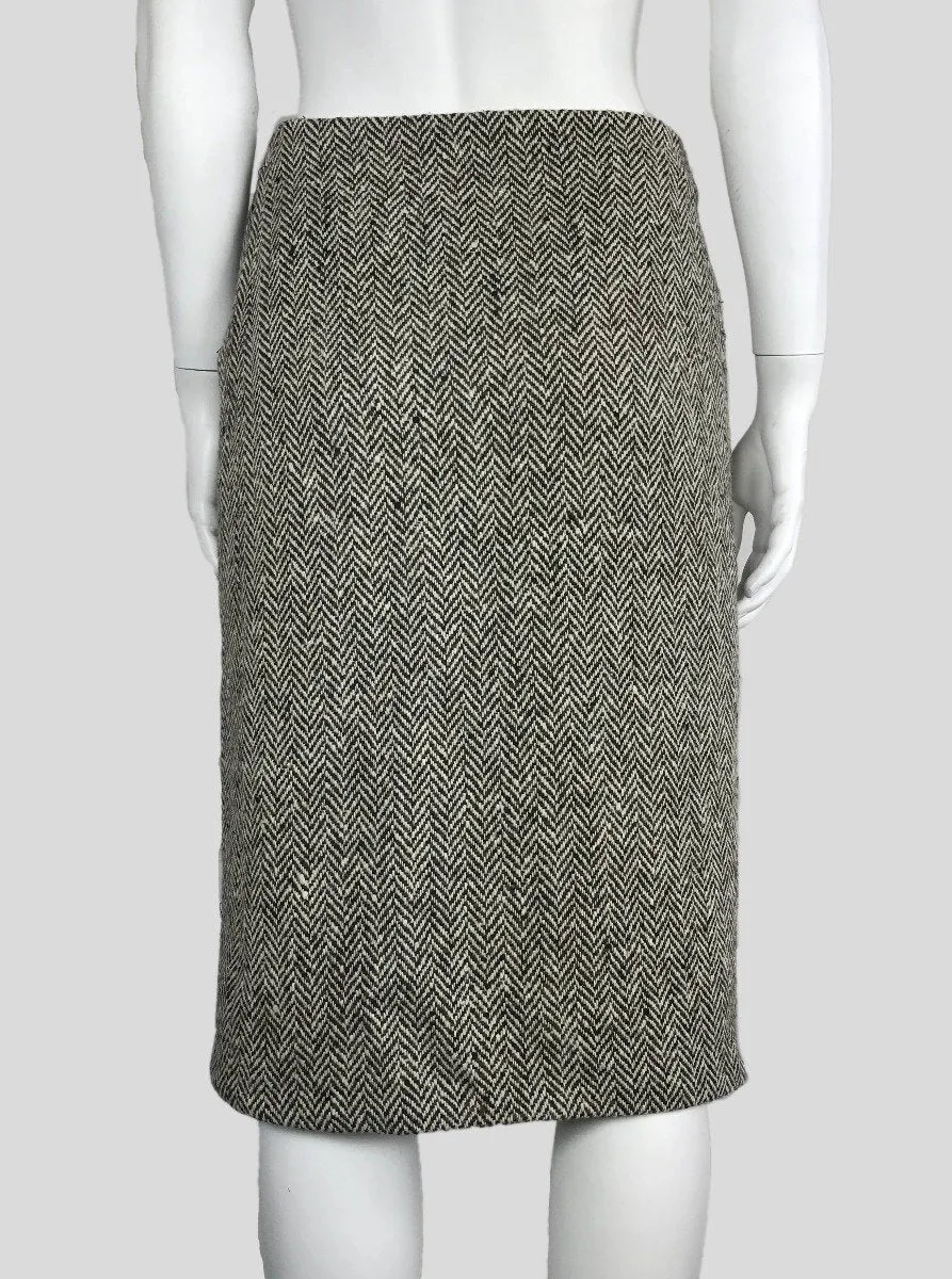 Black Brown And Cream Herringbone Lana Wool Pencil Skirt With Side Zipper Lined Size 12