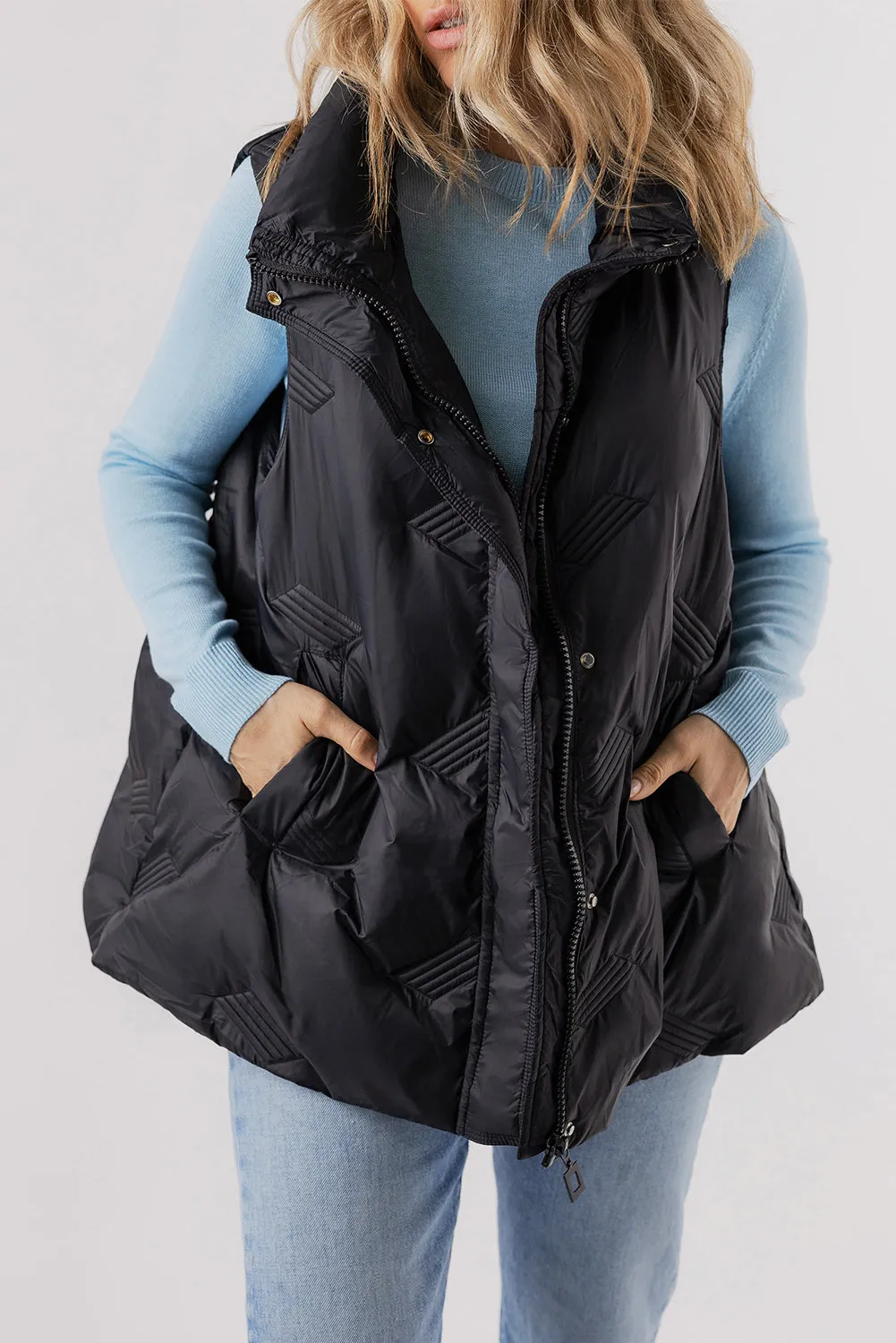 Black Quilted High Neck Zip Up Jacket Vest