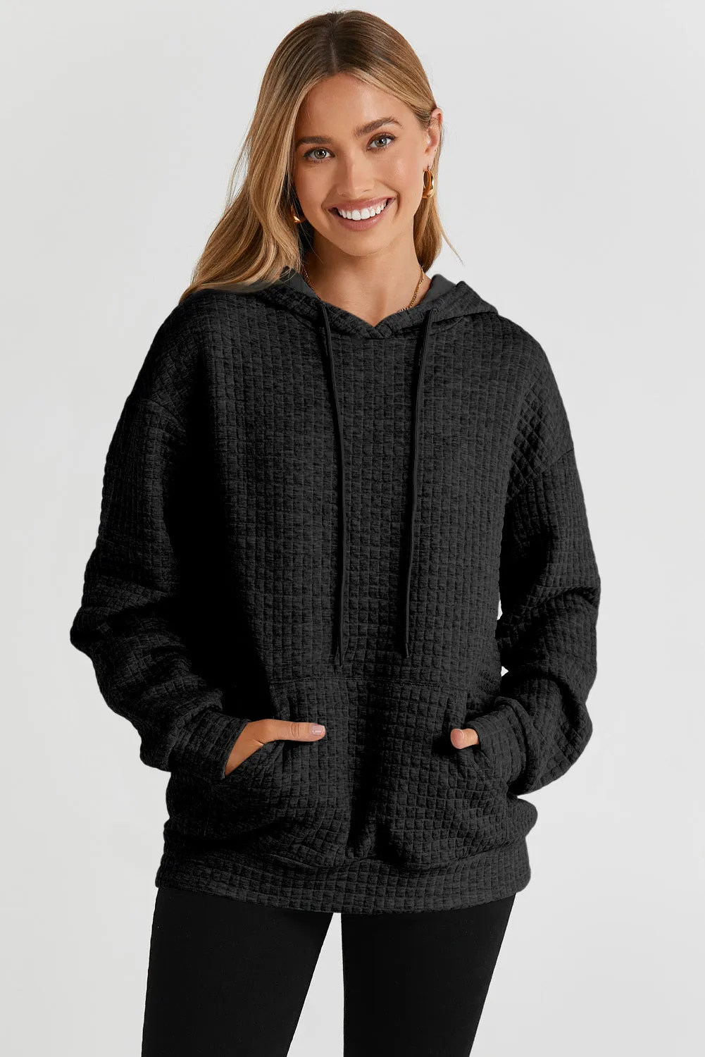 Black Quilted Kangaroo Pocket Drawstring Hoodie