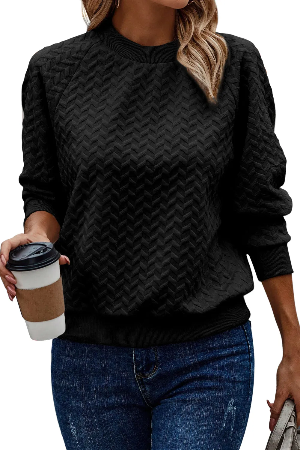 Black Solid Textured Raglan Sleeve Pullover Sweatshirt