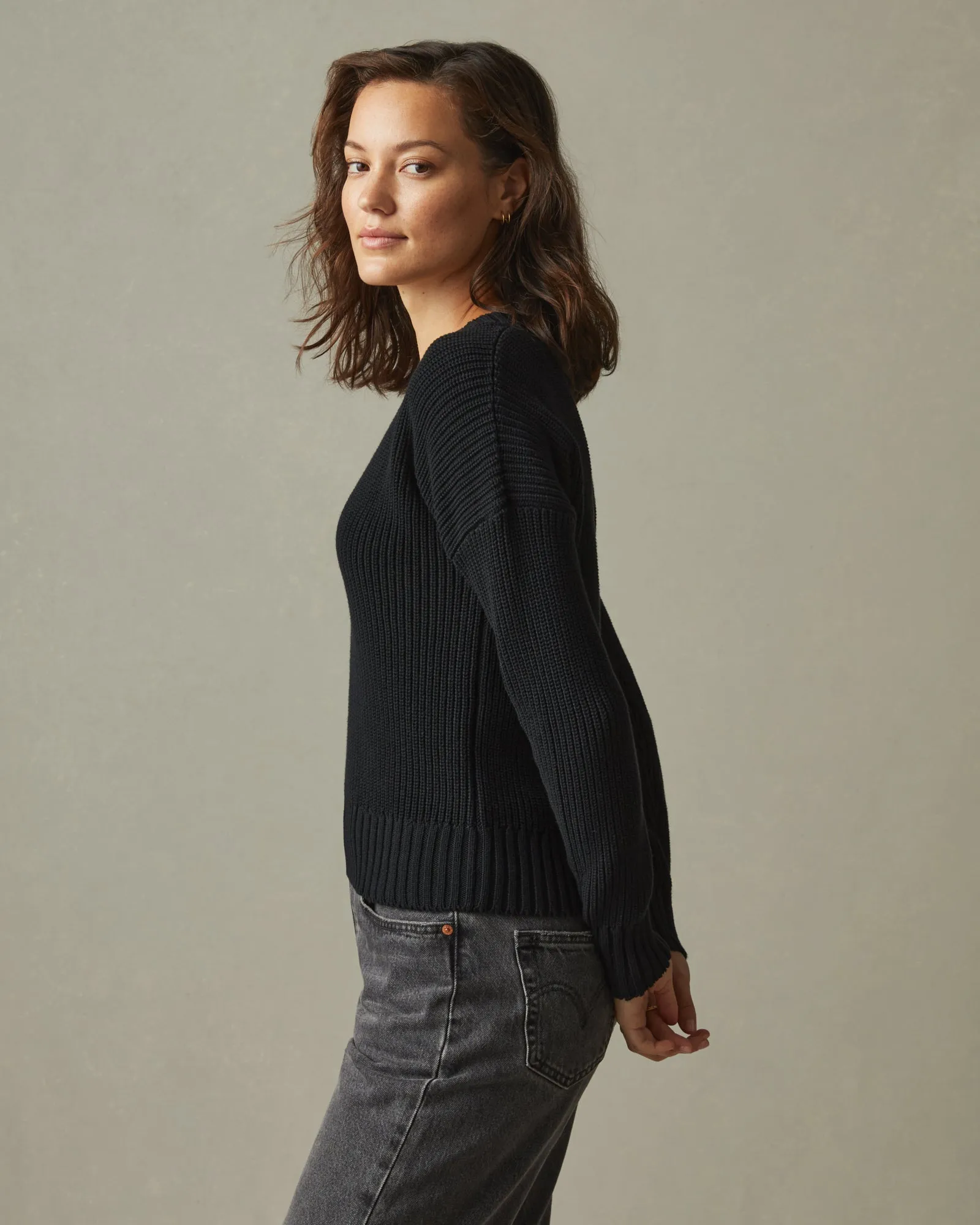 Chunky Cotton V-Neck Sweater - Black