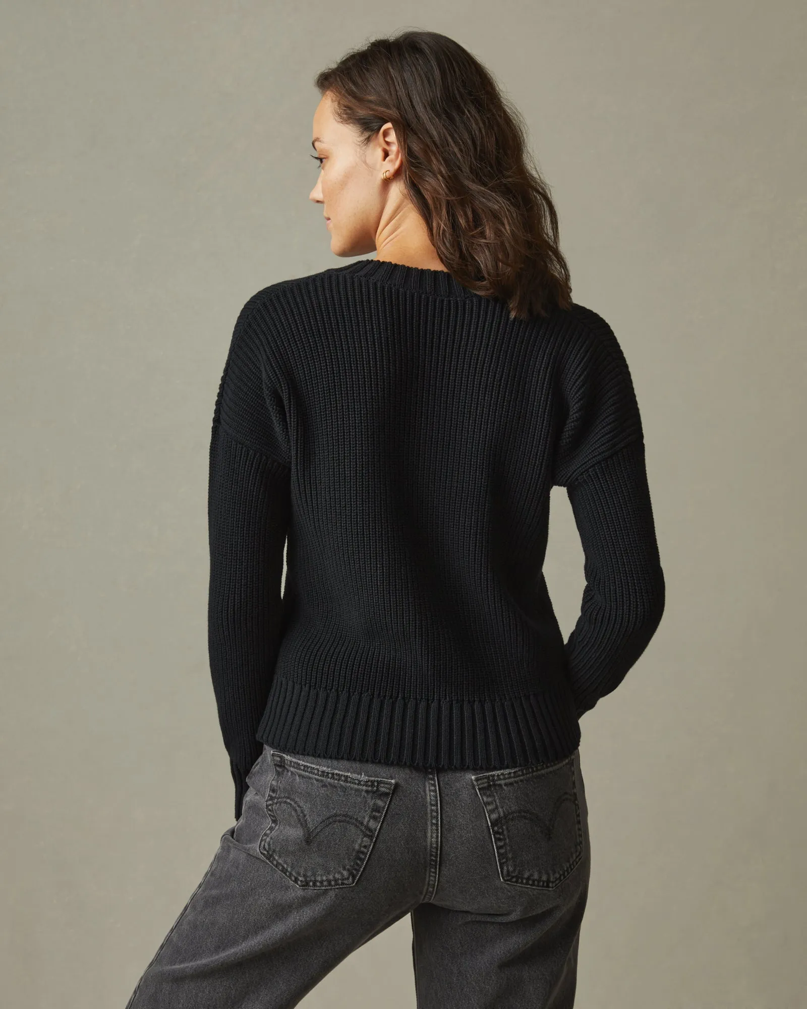 Chunky Cotton V-Neck Sweater - Black