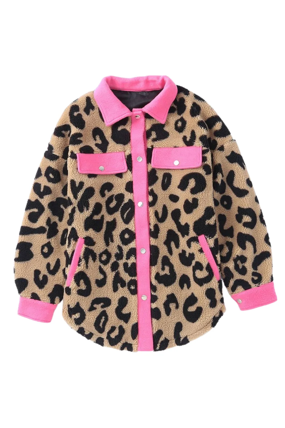 'Clara' Leopard Contrast Teddy Shacket with Pockets