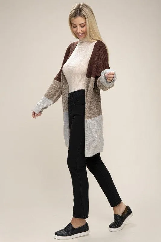 Color Block Open Front  Cardigan