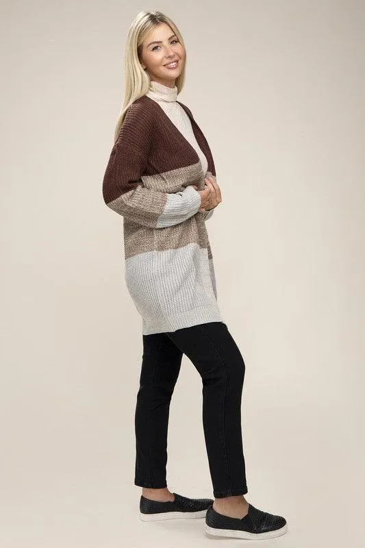 Color Block Open Front  Cardigan