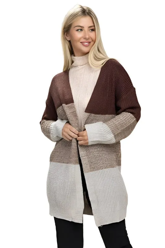 Color Block Open Front  Cardigan