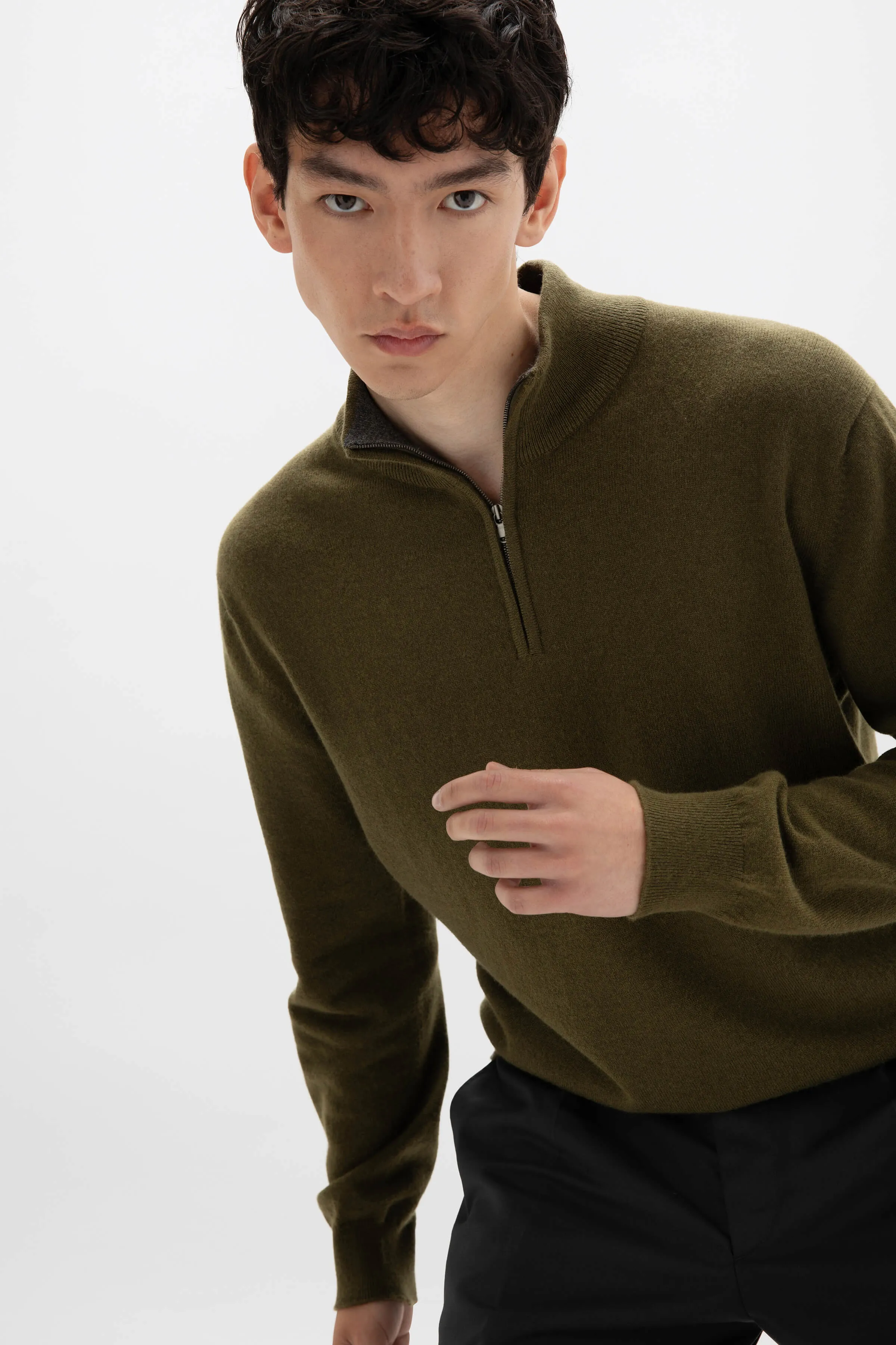 Contrast Trim Cashmere Zip Neck