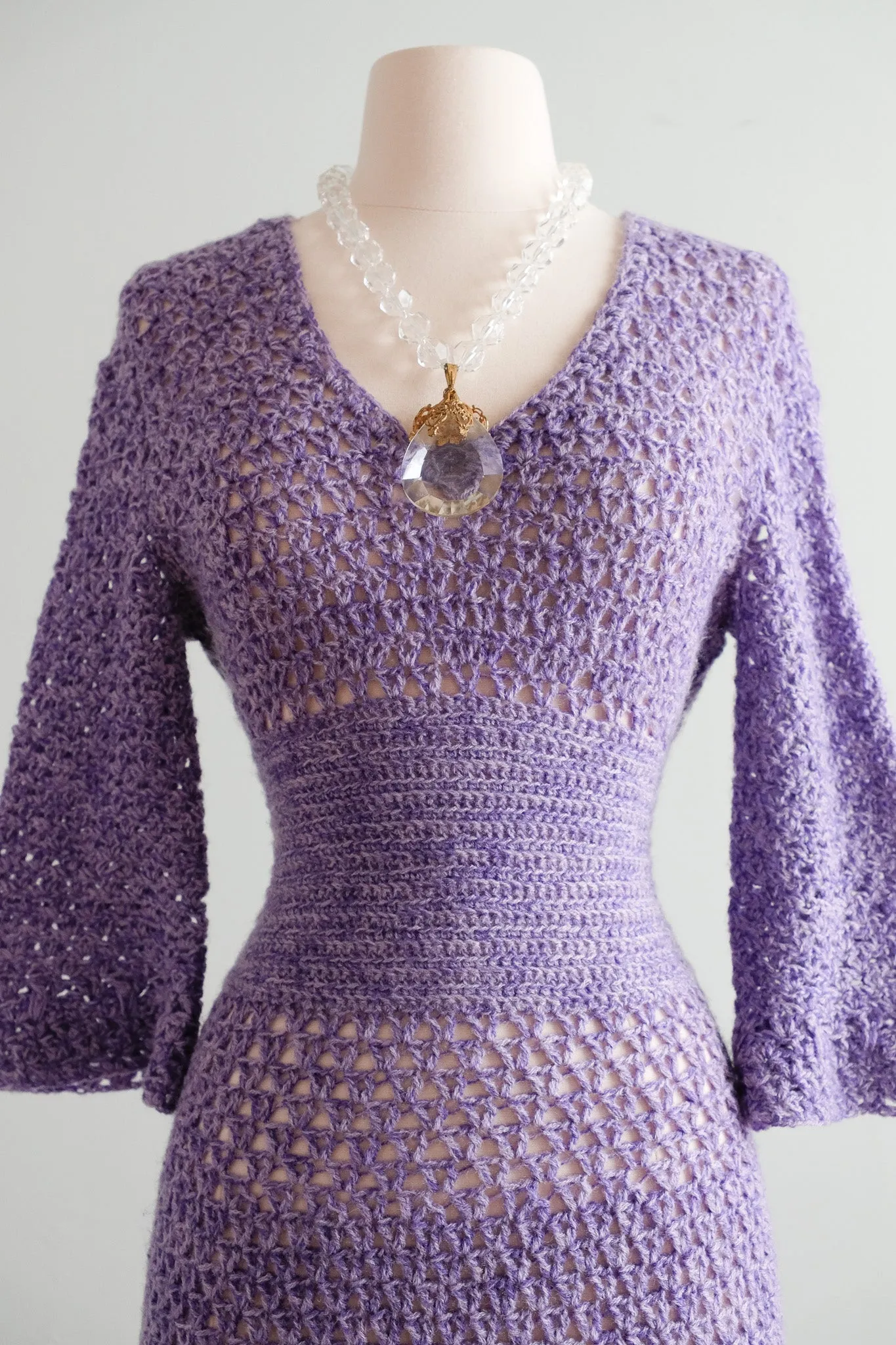 Coolest 1970's Lilac Crochet Knit Day Dress / Sz M