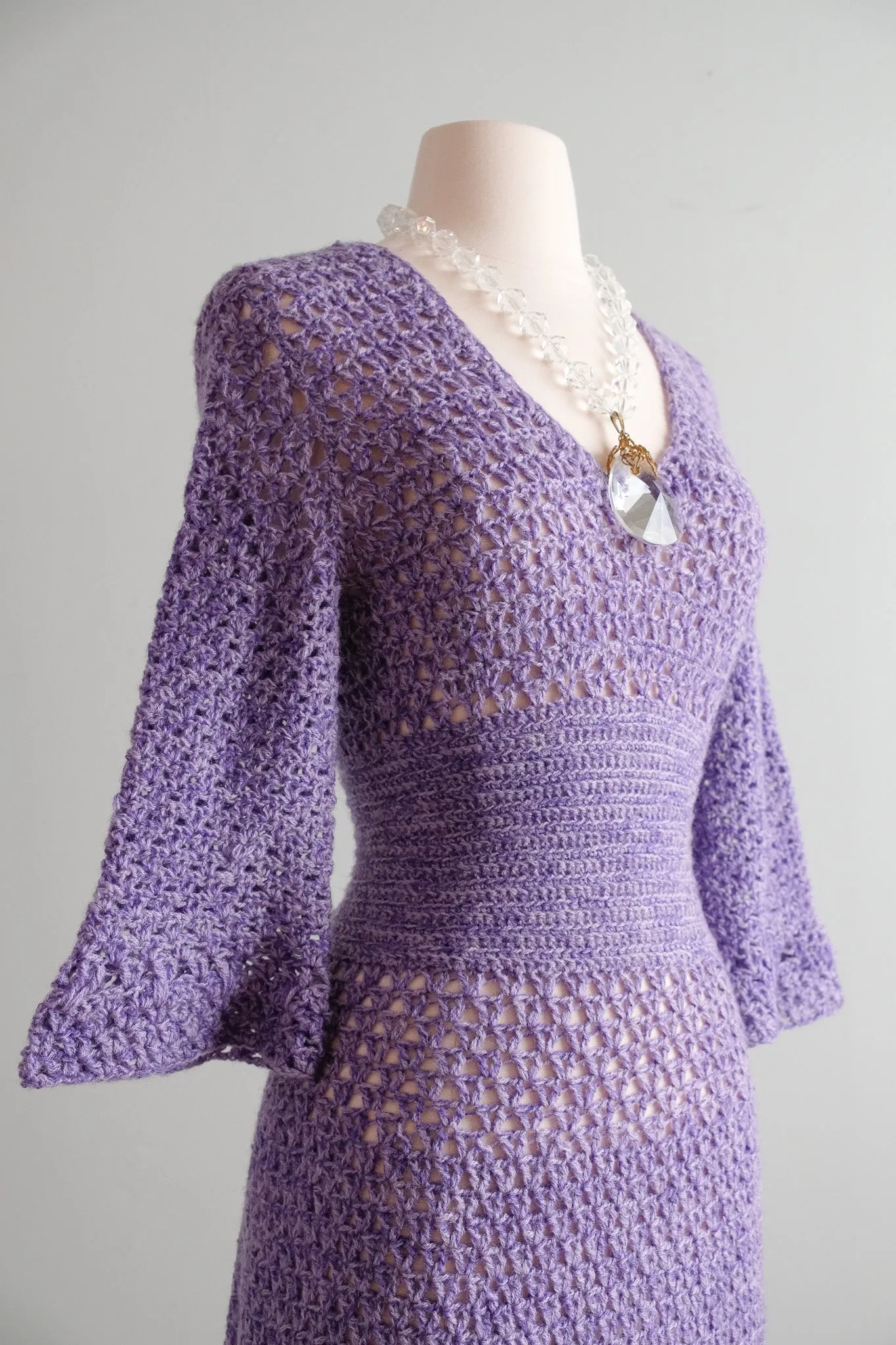 Coolest 1970's Lilac Crochet Knit Day Dress / Sz M