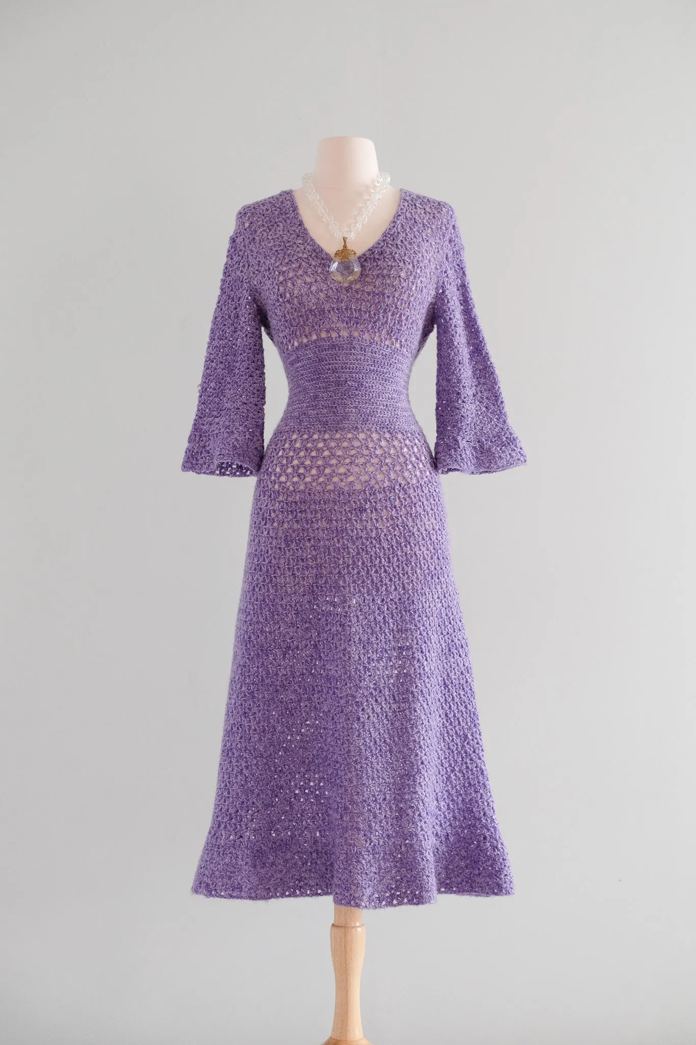 Coolest 1970's Lilac Crochet Knit Day Dress / Sz M