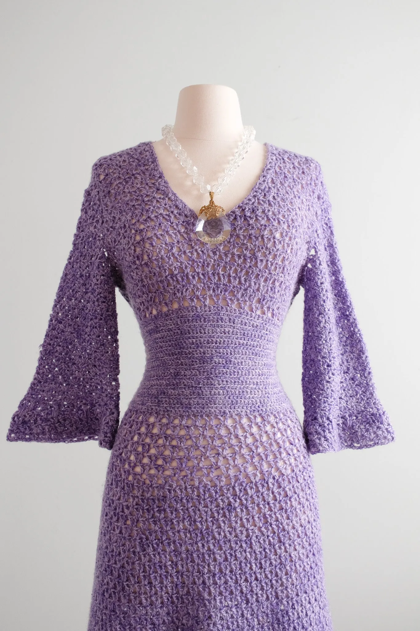 Coolest 1970's Lilac Crochet Knit Day Dress / Sz M