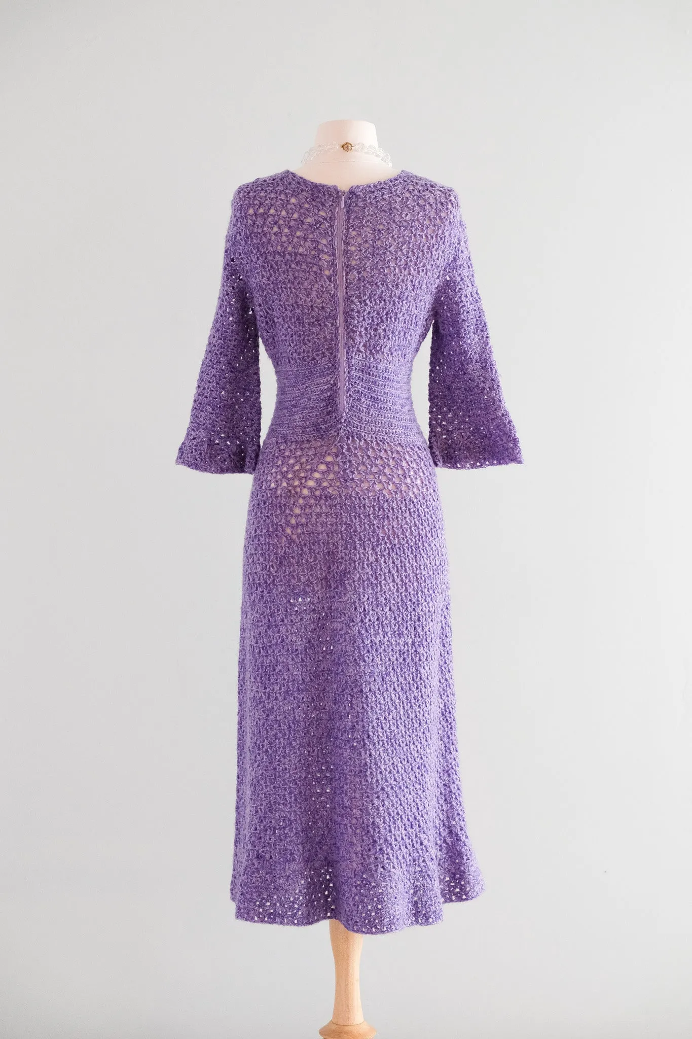 Coolest 1970's Lilac Crochet Knit Day Dress / Sz M