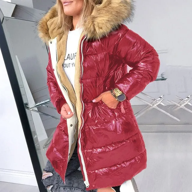 Cotton Padded Down Jacket Women Winter Coat Warmness XXXL Plus Size Black  Thick Fleece Fur Hood Outwears Lady Quilted Coats