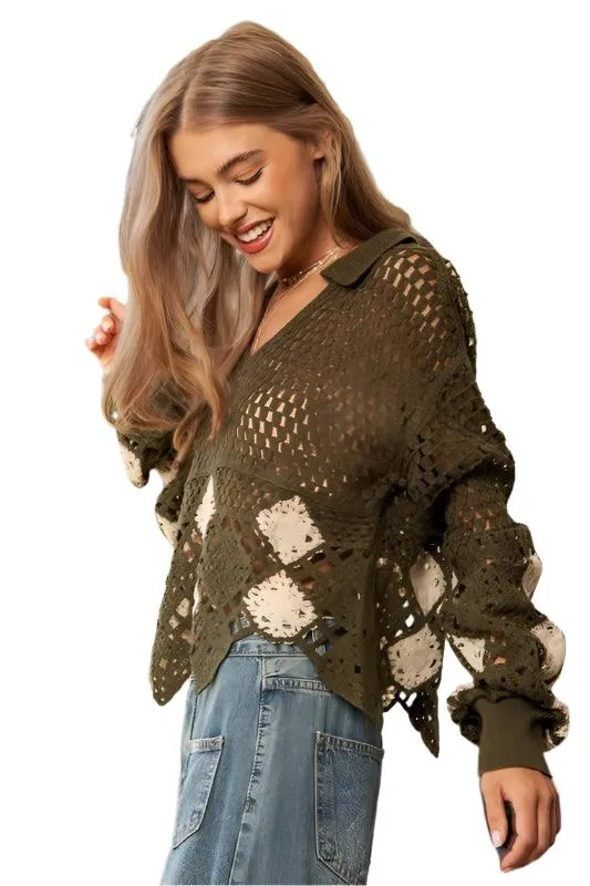 Crochet V Neck Long Sleeve Knit Sweater Top