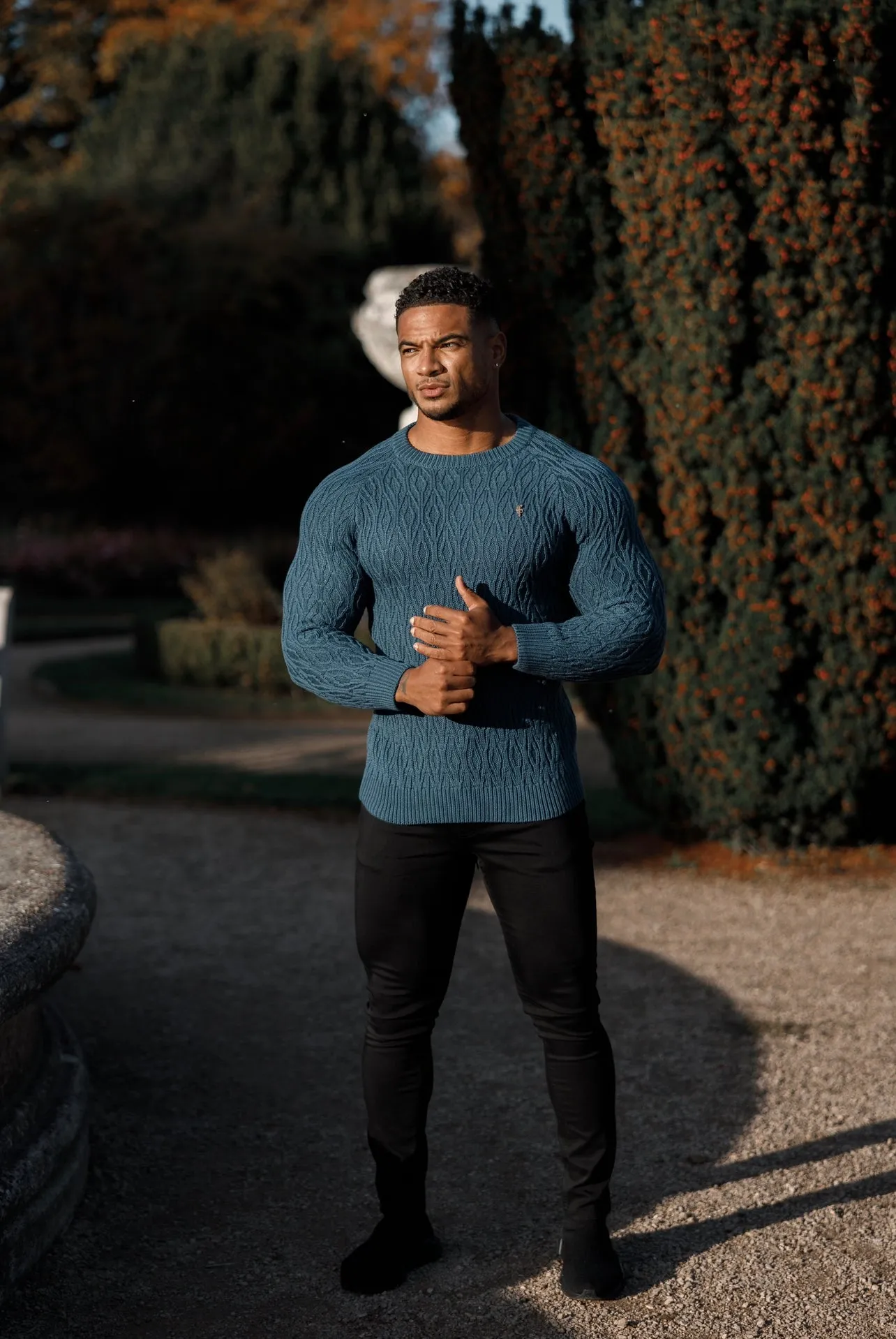 Father Sons Air Force Blue Knitted Elongated Diamond Crew Super Slim Raglan Sweater With Metal Decal - FSN046