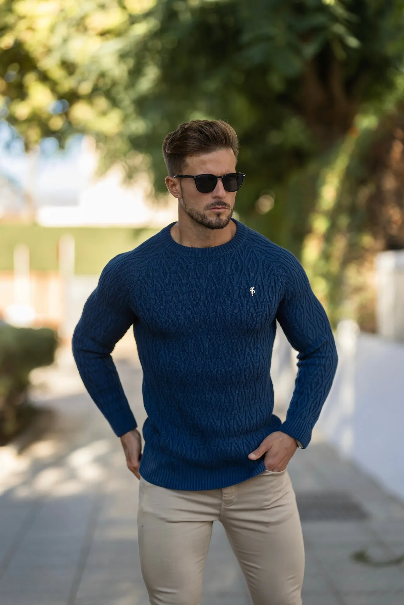 Father Sons Air Force Blue Knitted Elongated Diamond Crew Super Slim Raglan Sweater With Metal Decal - FSN046