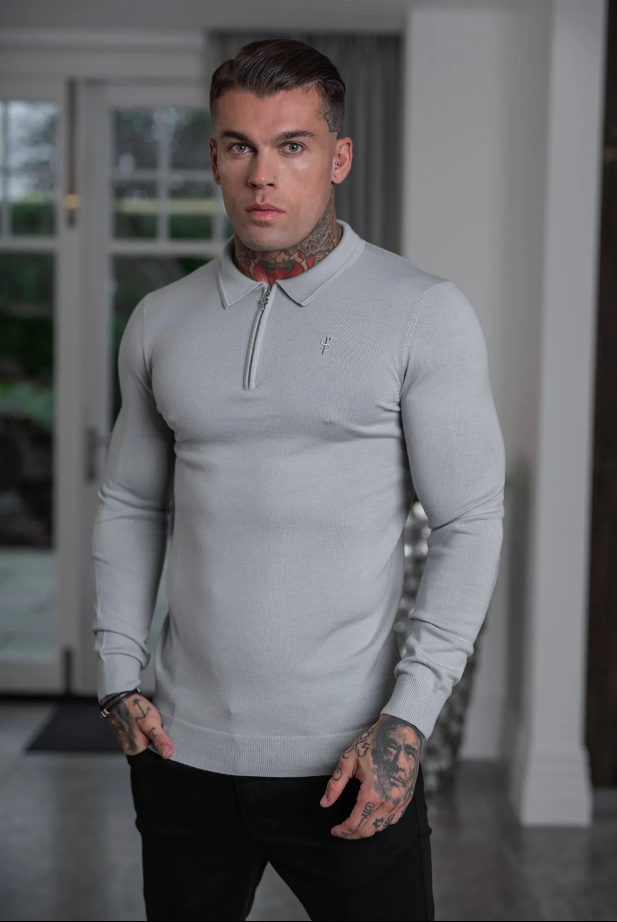 Father Sons Classic Grey Merino Wool Knitted Zip Polo Long Sleeve Sweater With FS Embroidery- FSN009