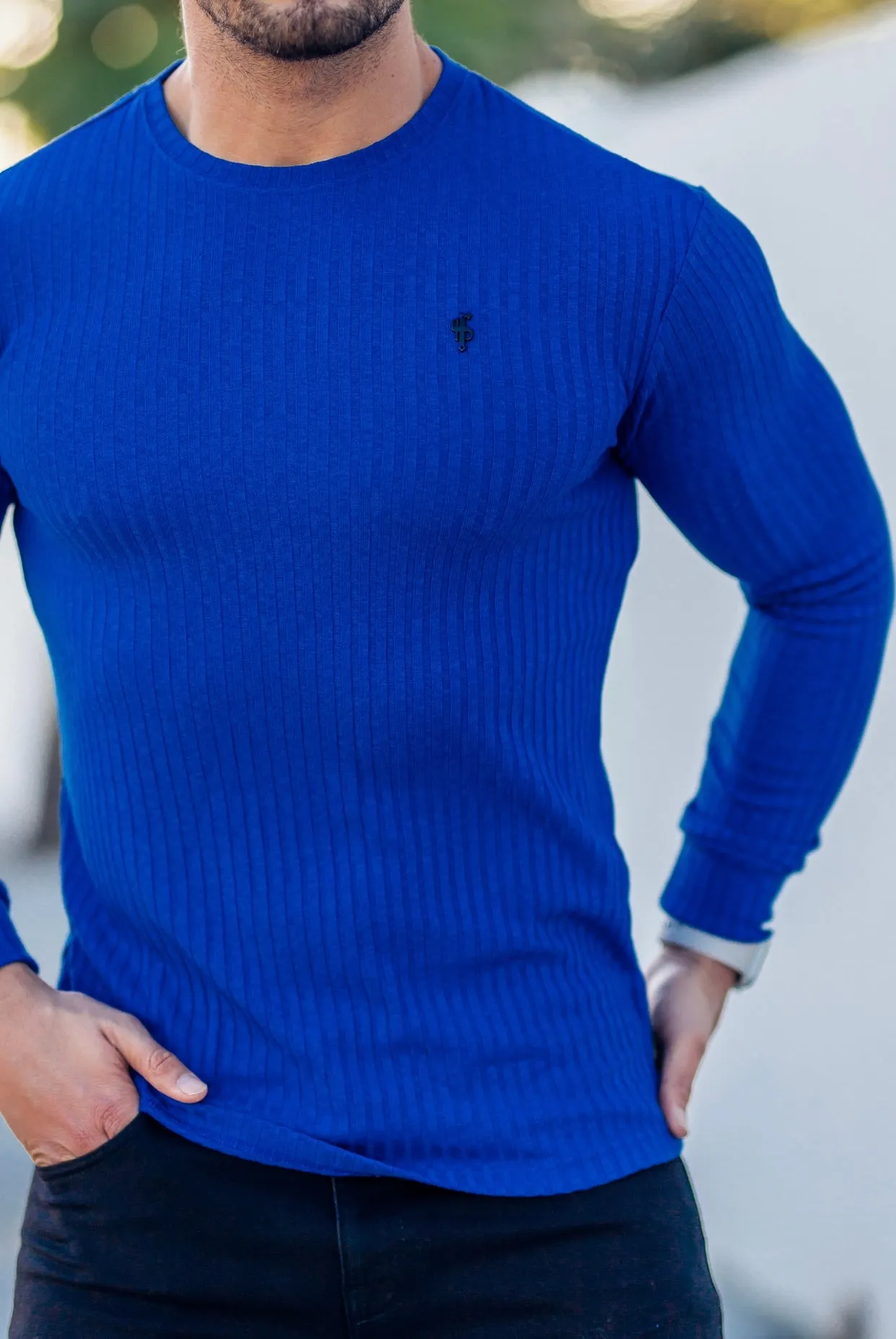 Father Sons Classic Royal Blue Ribbed Knit Sweater With Black Metal Emblem - FSH596