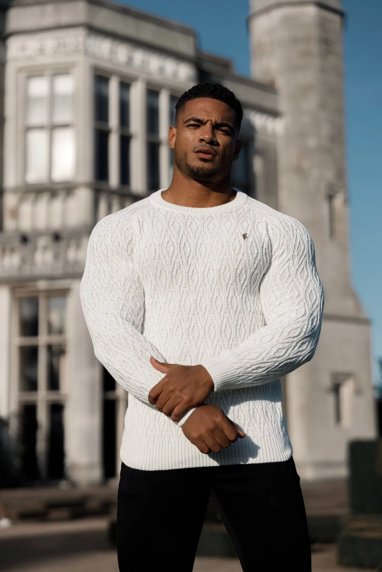 Father Sons Cream Knitted Elongated Diamond Crew Super Slim Raglan Sweater With Metal Decal - FSN052