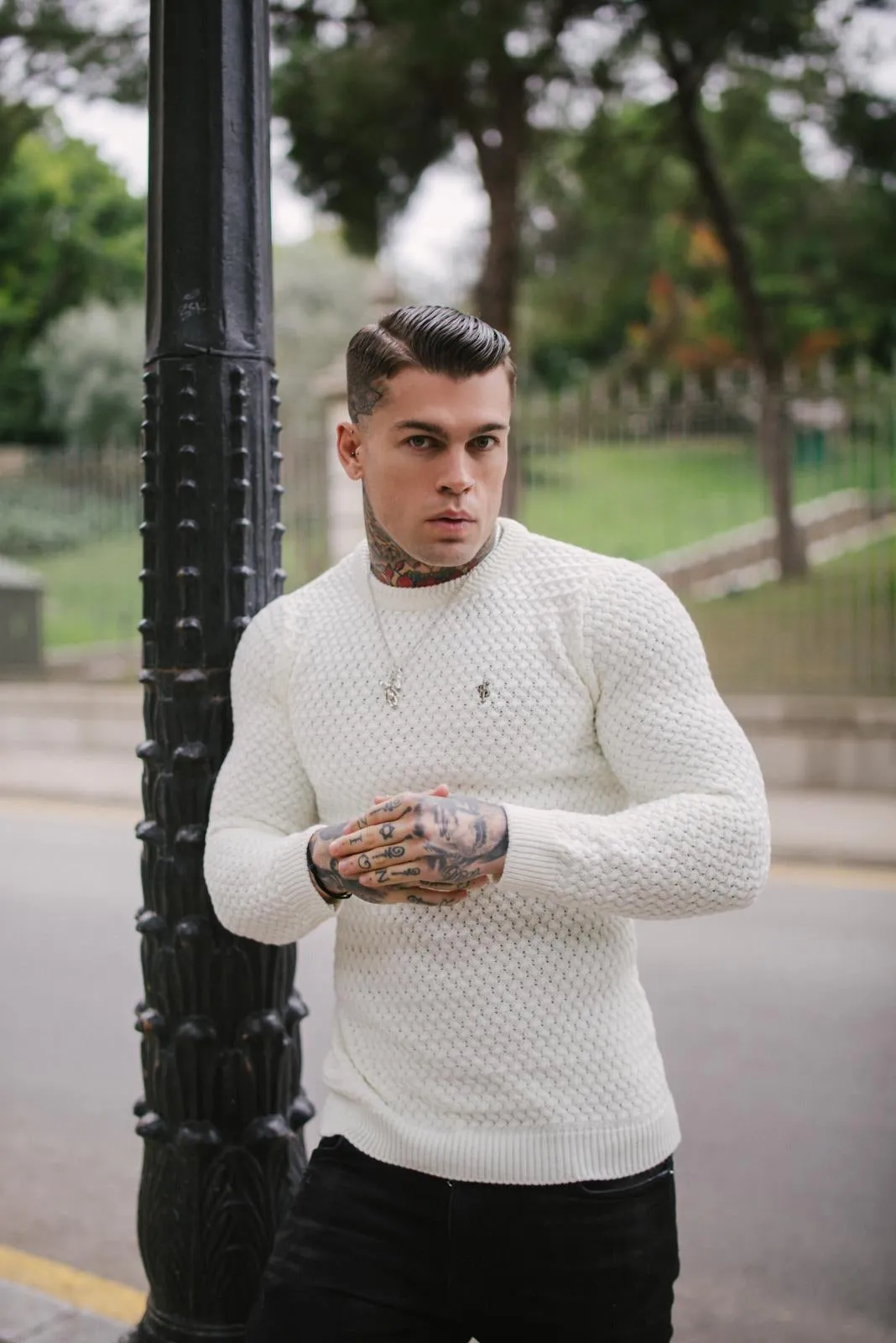 Father Sons Cream Knitted Weave Super Slim Sweater With Metal Decal - FSJ012