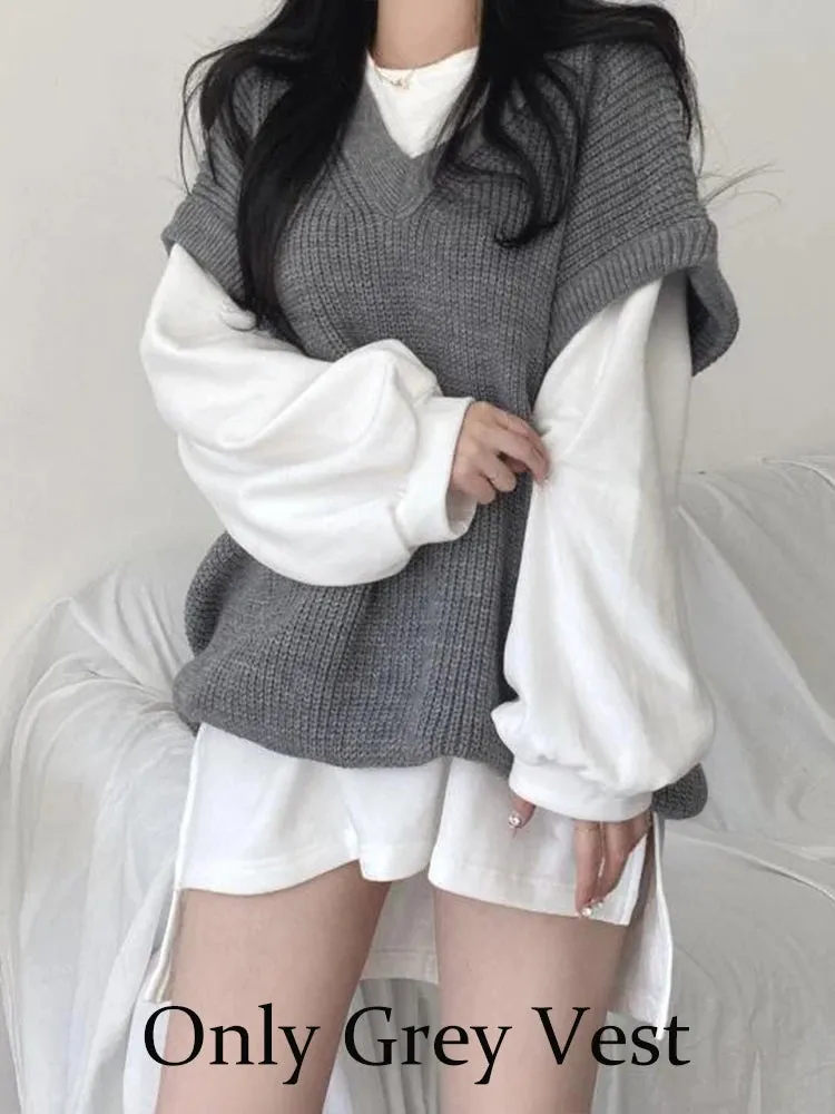 Getadme Autumn Winter Vest Women Korean Style Knitted Sweaters Female Oversized Preppy Jumper Ladies Casual Loose Long Sleeve Pullovers