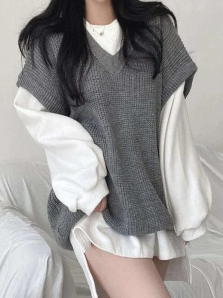 Getadme Autumn Winter Vest Women Korean Style Knitted Sweaters Female Oversized Preppy Jumper Ladies Casual Loose Long Sleeve Pullovers