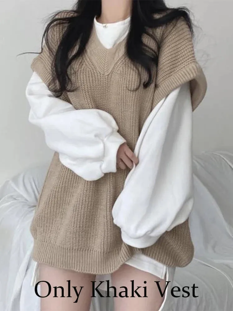 Getadme Autumn Winter Vest Women Korean Style Knitted Sweaters Female Oversized Preppy Jumper Ladies Casual Loose Long Sleeve Pullovers