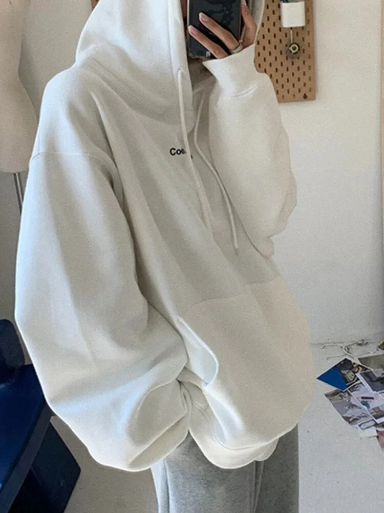 Getadme Autumn Women Kpop Loose Hooded Sweatshirts Thick Warm Pullovers Long Sleeve Couple Tops Harajuku Vintage Letter Printed Hoodies