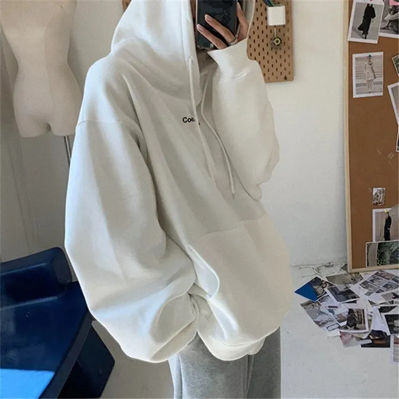 Getadme Autumn Women Kpop Loose Hooded Sweatshirts Thick Warm Pullovers Long Sleeve Couple Tops Harajuku Vintage Letter Printed Hoodies