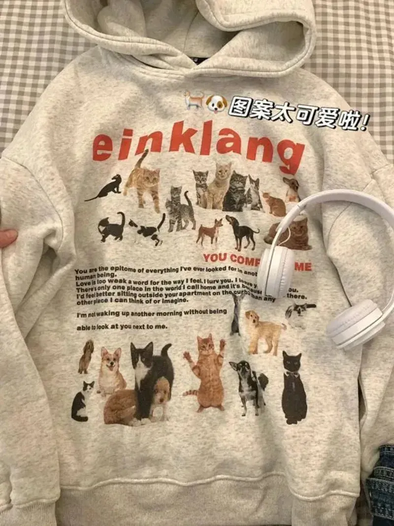 Getadme Cat Dog Print Sudadera Fleece Loose Animal Pullovers Hooded Thick Casual Tops High Street American Women Vintage Sweatshirt