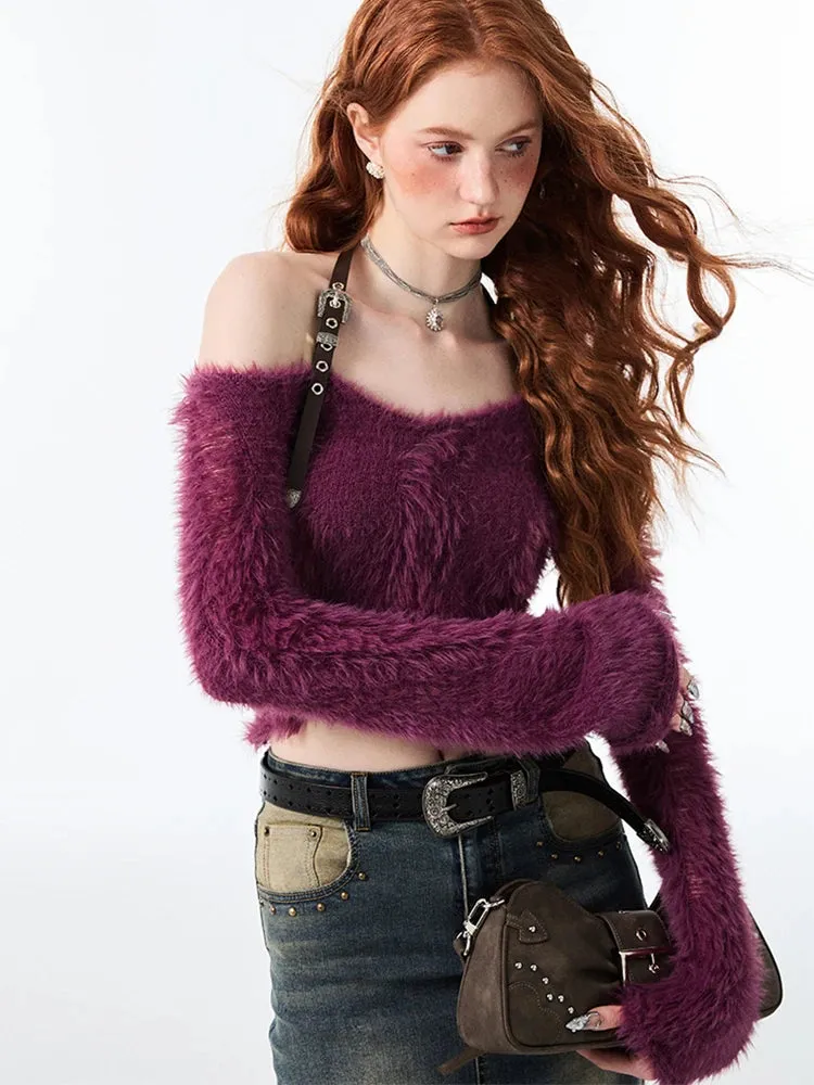 Getadme Fall Woman 2000s Gyaru Coquette Halter Crop Top Pullovers Slash Neck Jumper Fluffy Sweater Design Knitwears Y2K Hot Sexy Kawaii