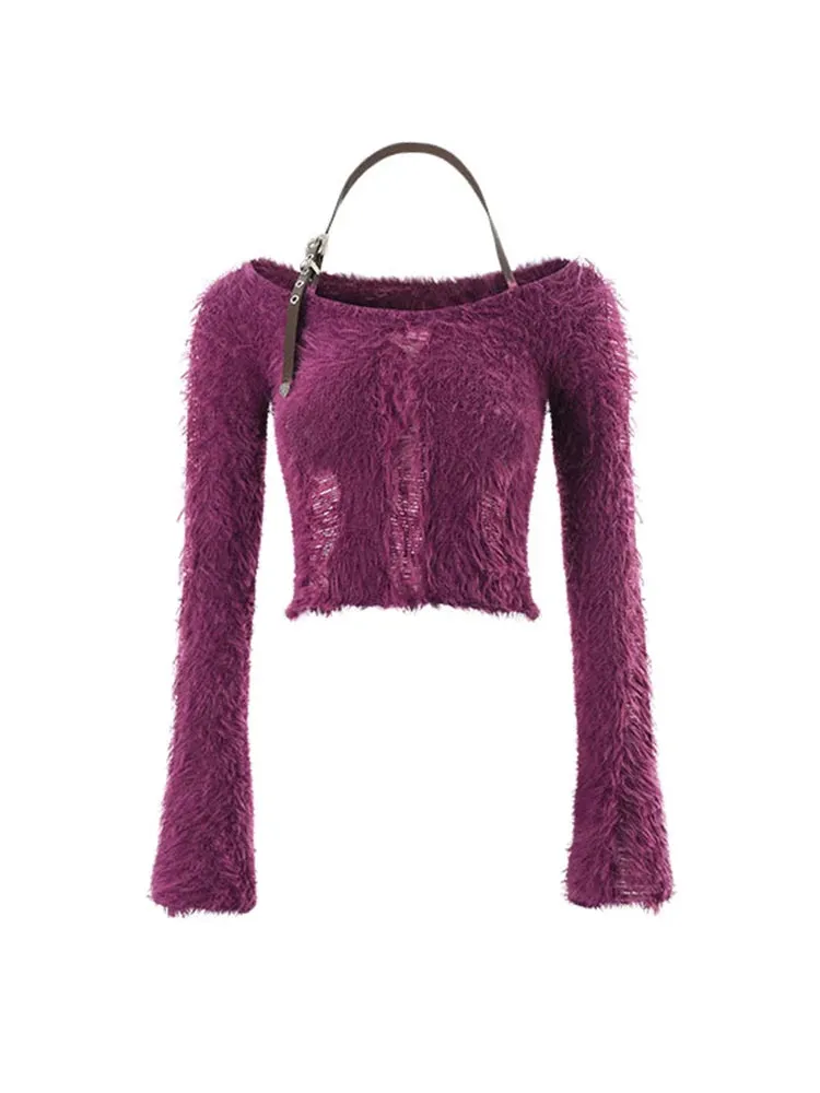 Getadme Fall Woman 2000s Gyaru Coquette Halter Crop Top Pullovers Slash Neck Jumper Fluffy Sweater Design Knitwears Y2K Hot Sexy Kawaii