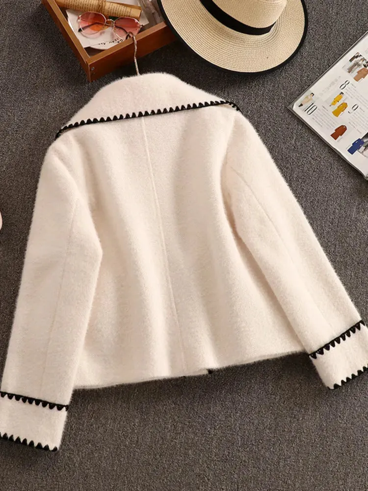 Getadme High Quality Women White Bow Mink Jacket Coat For Female Slim Patchwork Pocket Outerwear Ladies Wool Short Coat Winter Clothes