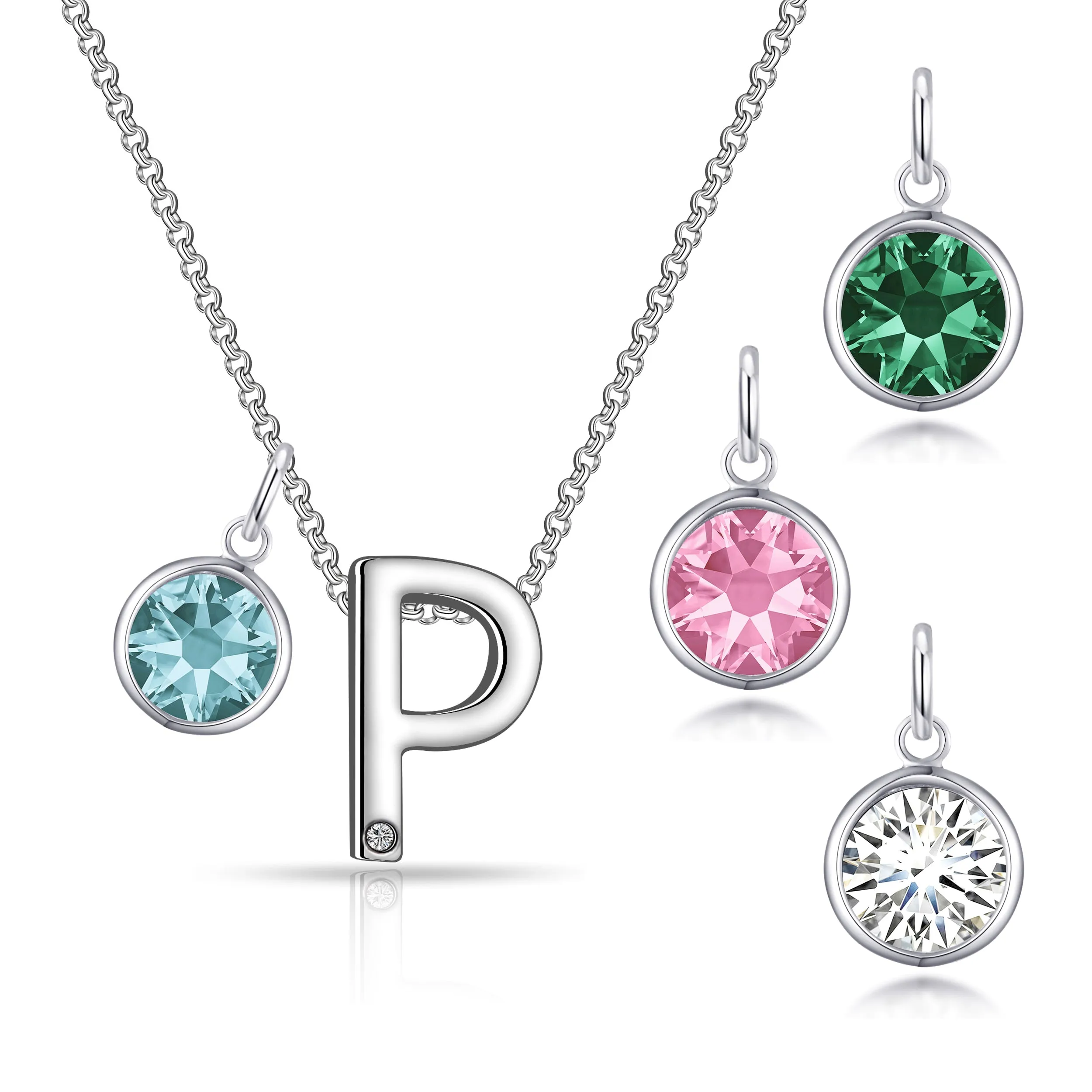 Initial P Necklace with Birthstone Charm Created with Zircondia® Crystals